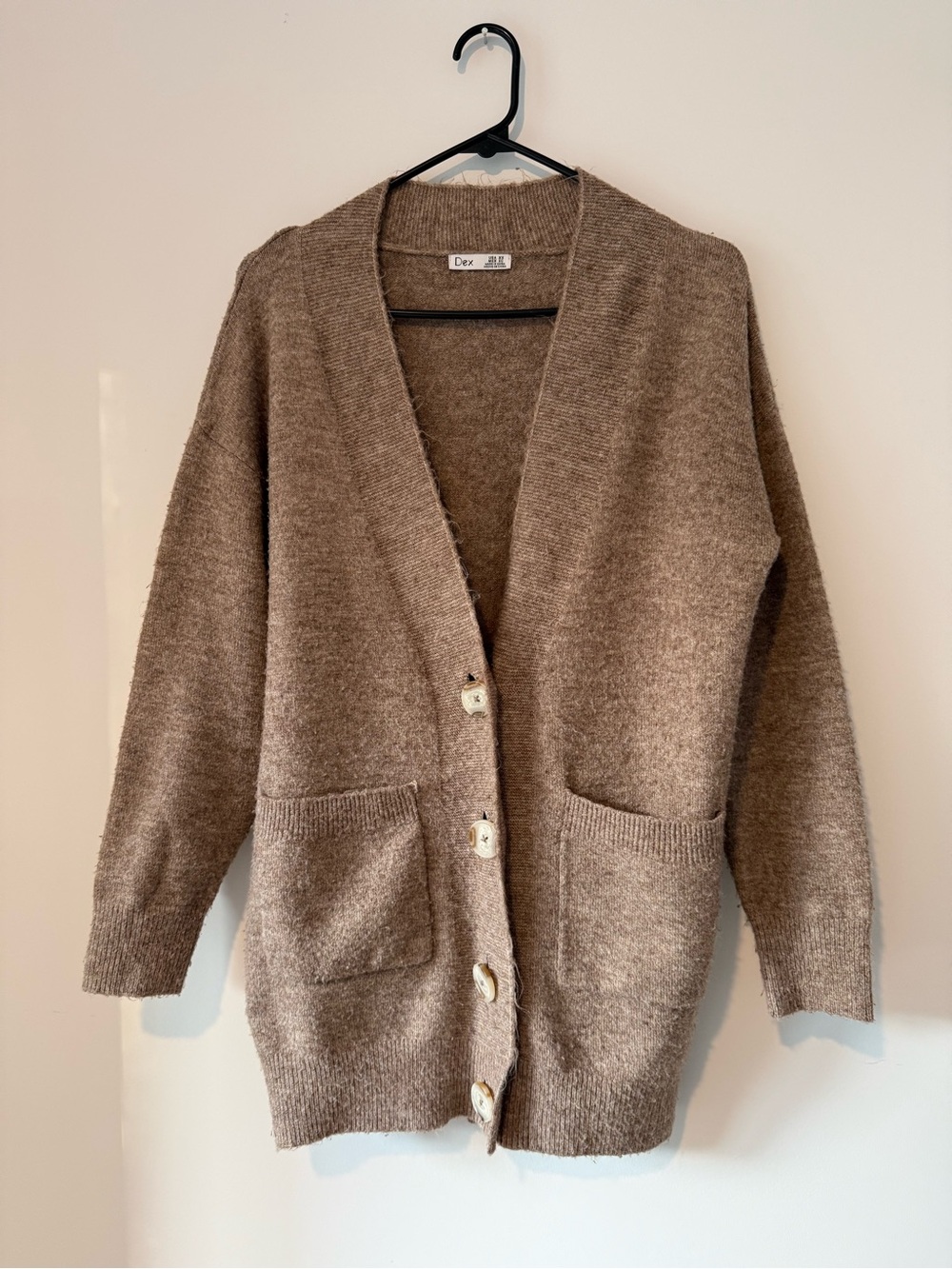 Dex Neutral Brown Open V-Neck Button Cardigan